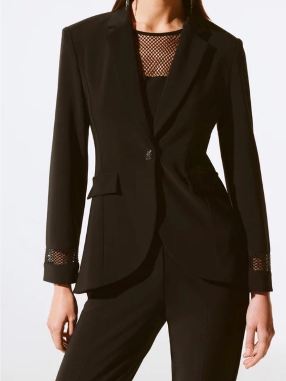Joseph Ribkoff Black Blazer Mesh Detail 12 Button Closure Long Sleeve Classic